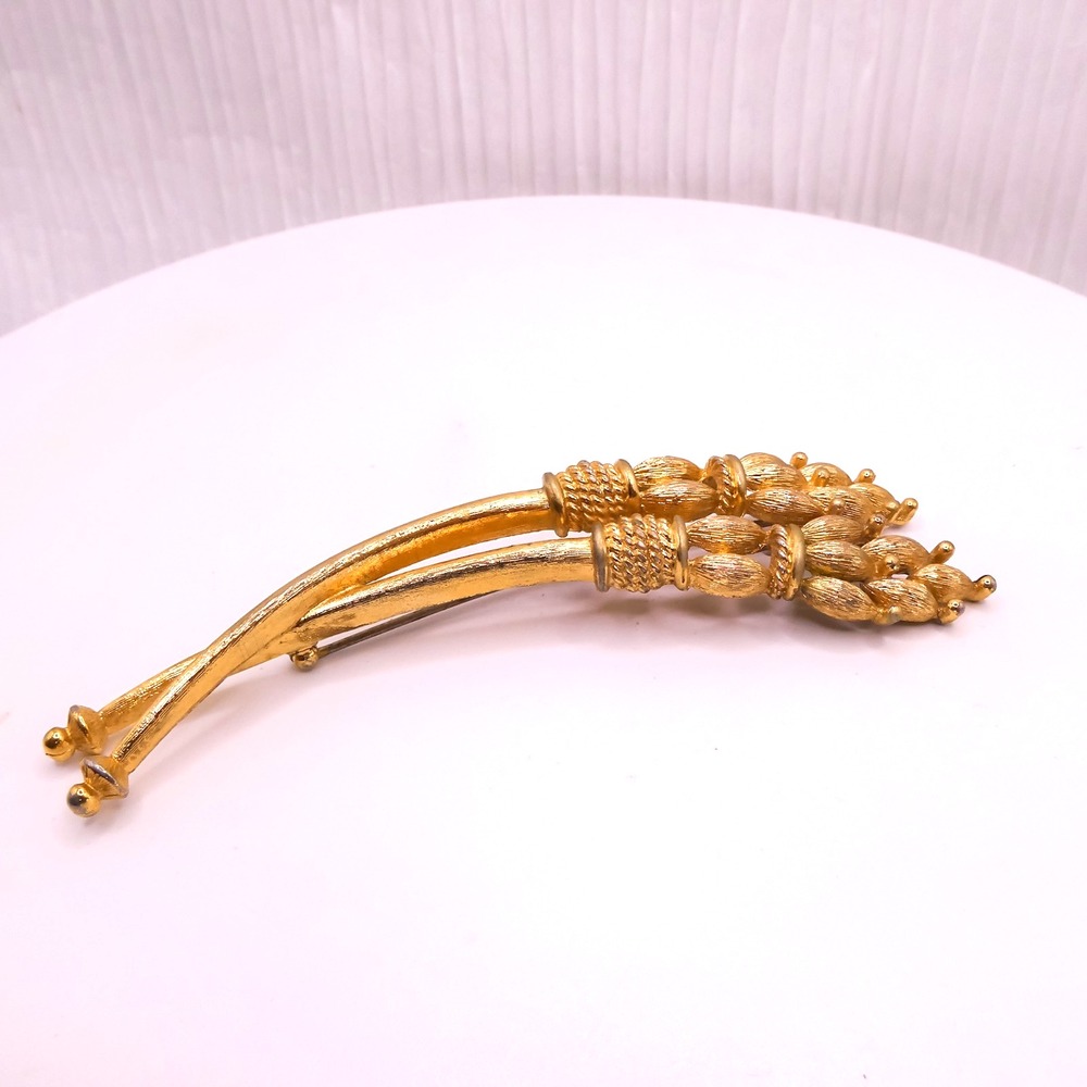 Monet Gold Plated Wheat Stalk Rope Brooch Pin Large 4" Vintage Mens Women's